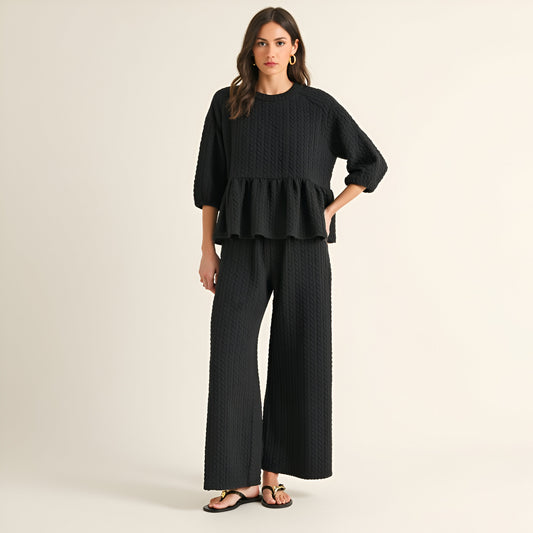 Textured Peplum Top and Wide-Leg Pant Set with Relaxed Silhouette