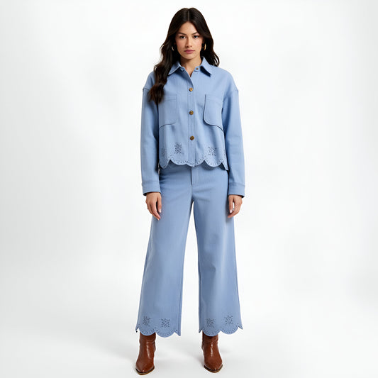 Embroidered Scallop Hem Jacket and Wide-Leg Pants Set