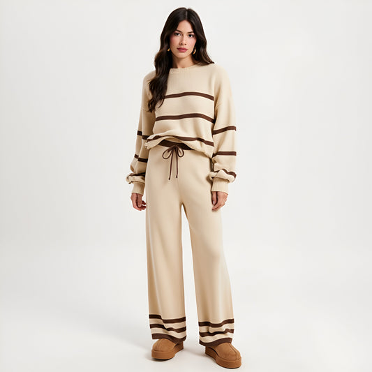 Cozy Striped Sweater and Wide Leg Pants Lounge Set