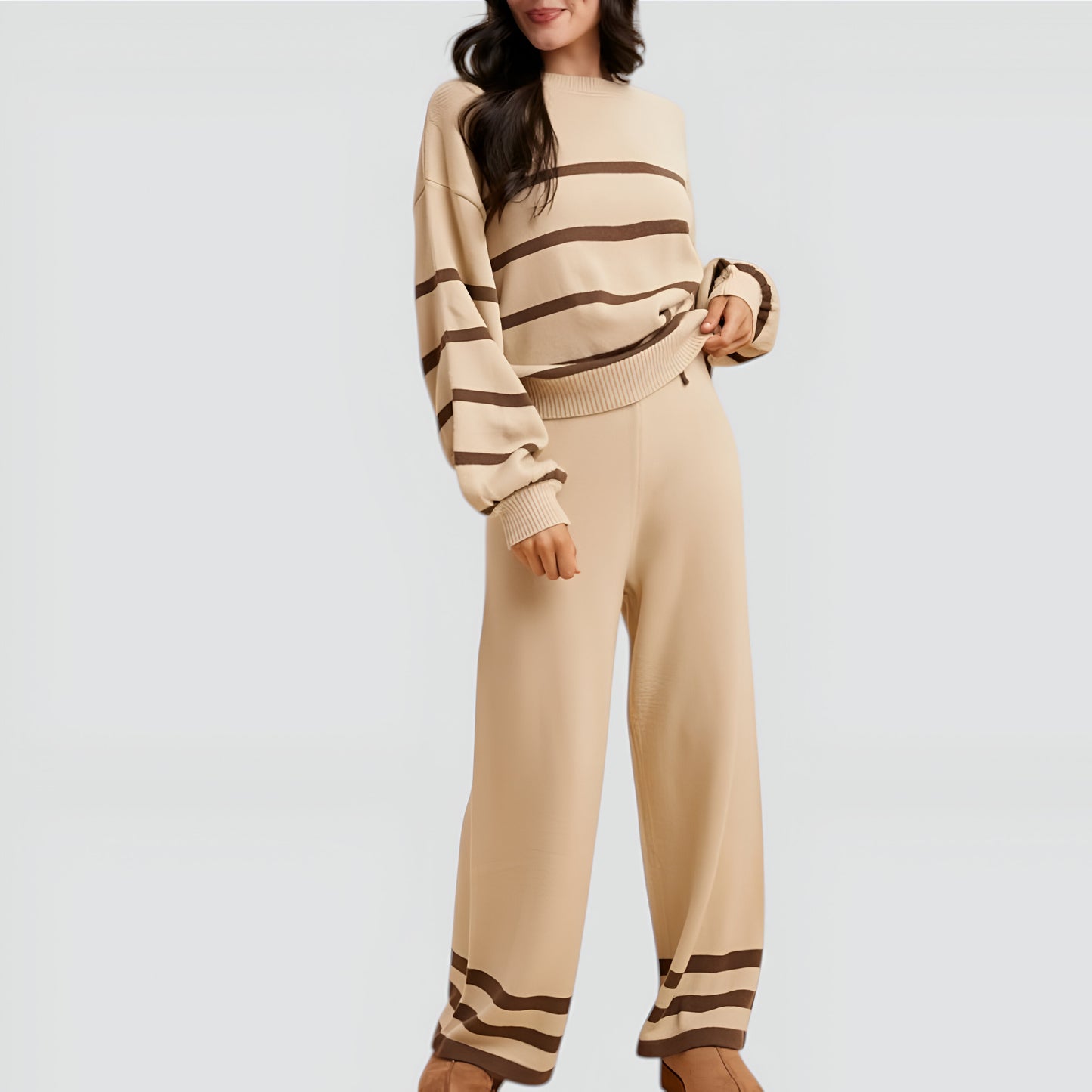 Cozy Striped Sweater and Wide Leg Pants Lounge Set