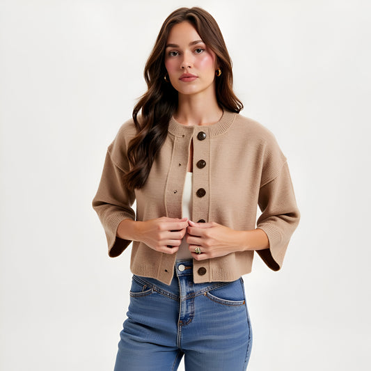 Cropped Cardigan with Wide Sleeves and Button Front Closure