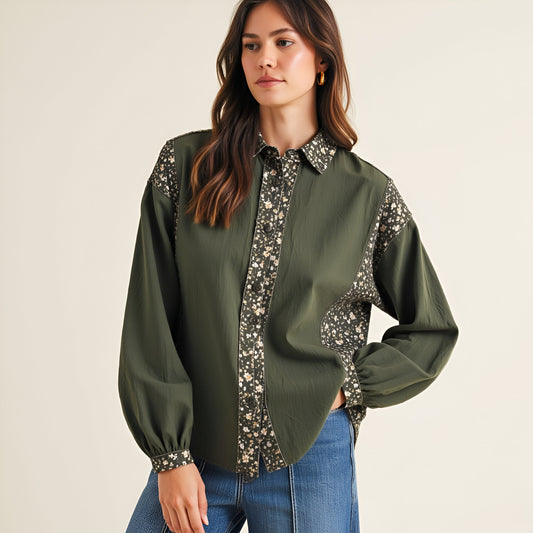 Floral Print Trim Button-Up Shirt with Long Sleeves and Collar
