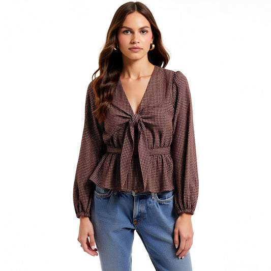 Long Sleeve Peplum Blouse with Front Tie and Subtle Check Pattern