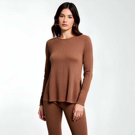 Ribbed Knit Long Sleeve Top and Flared Pants Lounge Set with Side Slit Detail