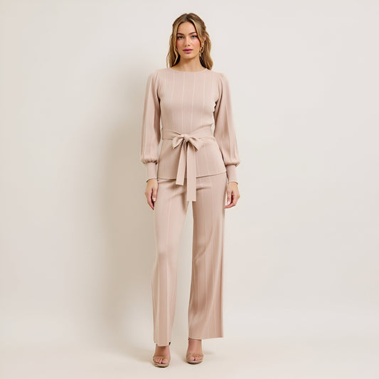 Belted Balloon Sleeve Knit Top & High Waist Straight Leg Pants Set