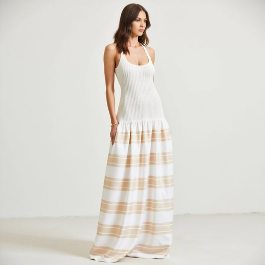 Scoop Back Maxi Dress with Knit Bodice and Striped Skirt Detail