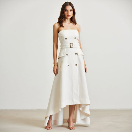 Strapless High-Low Dress with Belted Waist and Double-Breasted Buttons