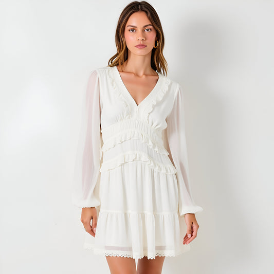 Long Sleeve V-Neck Ruffle Tiered Mini Dress with Sheer Chiffon Overlay