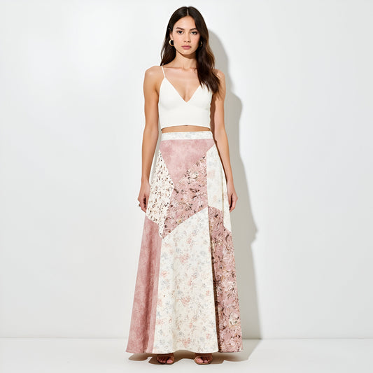 Patchwork Floral Maxi Skirt with Chevron Panel Detailing and Subtle Flar