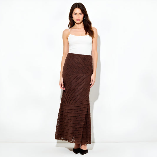 Lace Maxi Skirt with Diagonal Panel Detailing and Flared Hem