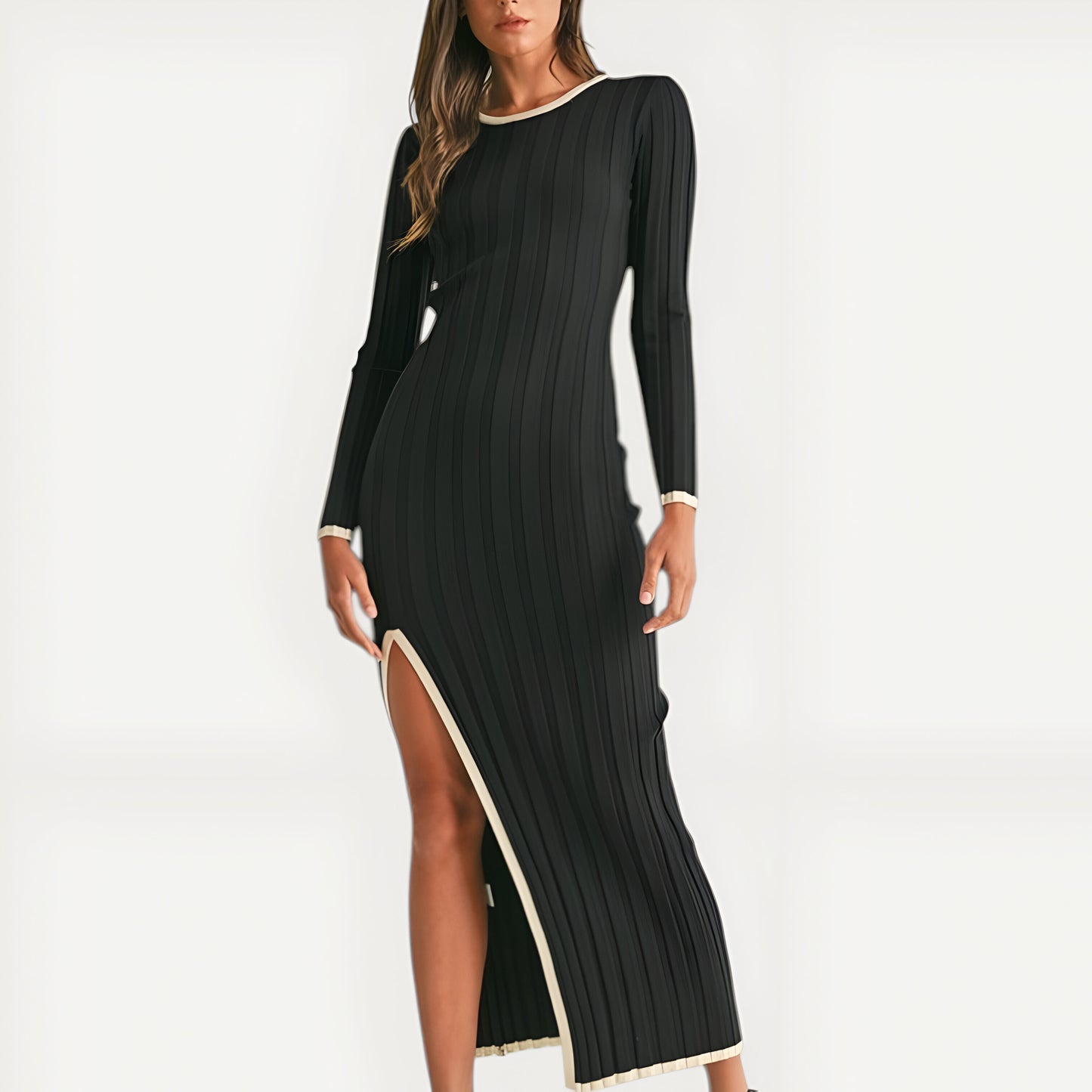 Ribbed Knit Long Sleeve Midi Dress with Contrast Trim and Side Slit