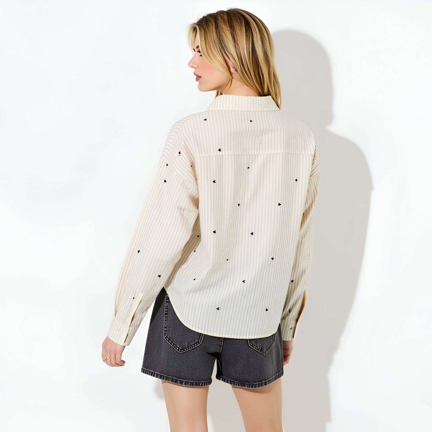 Striped Button-Up Shirt with Embroidered Hearts and Chest Pocket Detail