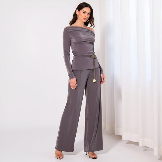 Off-Shoulder Drape Knit Top and Wide Leg Pants Set