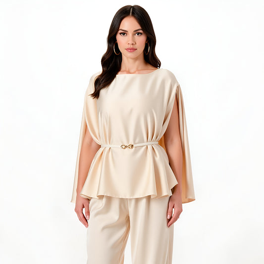 Satin Cape Sleeve Top and Wide-Leg Pant Set with Waist Belt