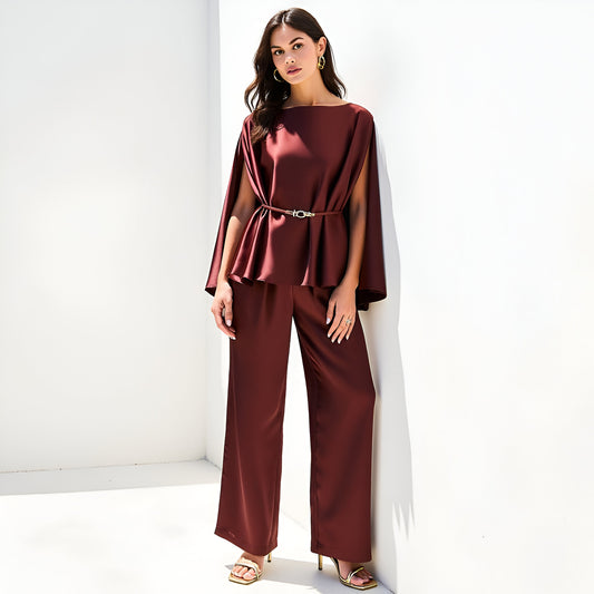 Satin Cape Sleeve Top and Wide-Leg Pant Set with Waist Belt