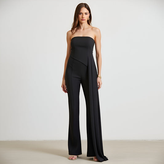 Solid Stretch Woven Corset Top and High-Waist Boot-Cut Pant Set with Chiffon Sash
