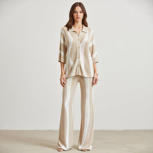 Knit Button-Front Top and Wide-Leg Pants Set with Stripe Pattern