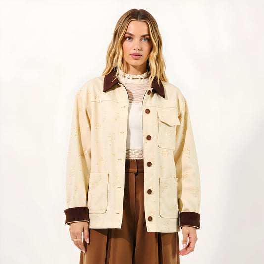 Floral Print Utility Jacket with Contrast Corduroy Collar and Cuffs