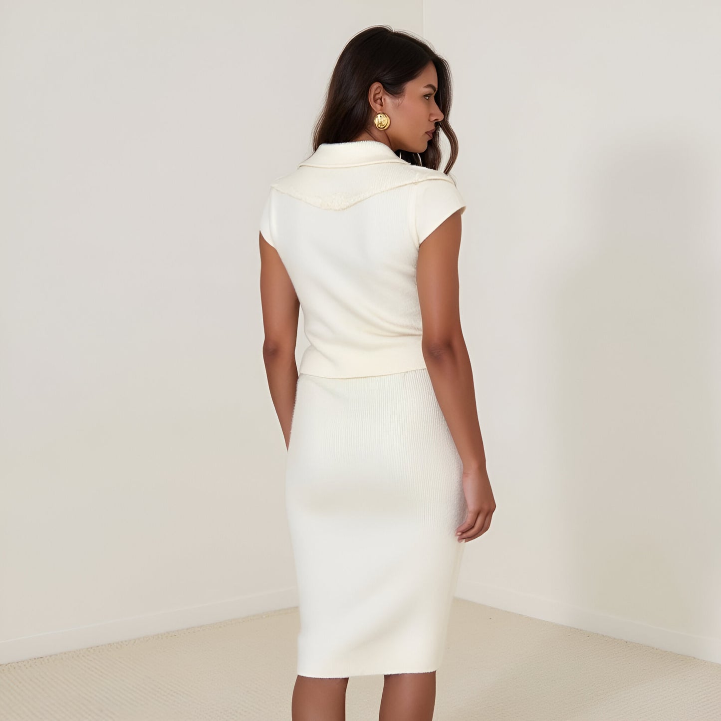 Knit Polo Top and Midi Skirt Set with Ribbed Texture