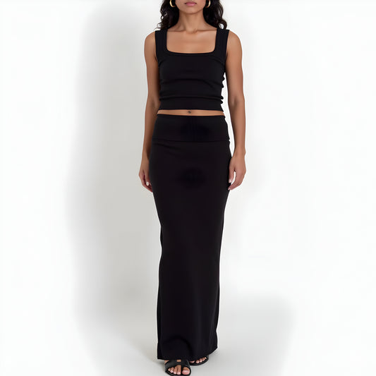 Square Neck Crop Top and Maxi Skirt Set with Ribbed Knit Texture