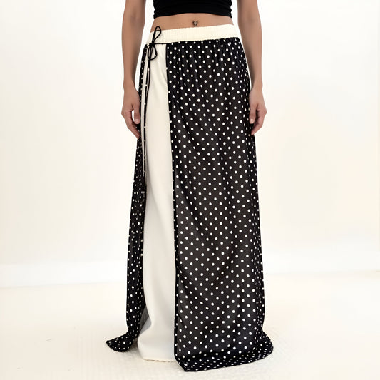 Polka Dot Overlay Maxi Skirt with Side Tie and Contrast Panels