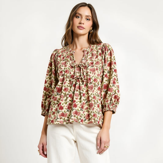 Floral Print 3/4 Sleeve Blouse with Ruffle Trim and Tie Front