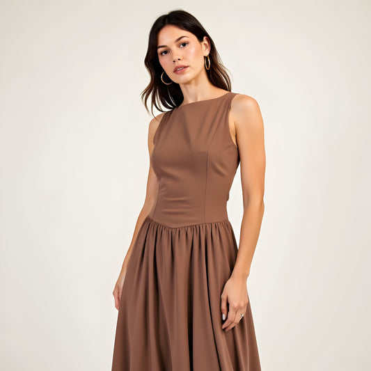Sleeveless Fit-and-Flare Midi Bubble Hem Dress with Gathered Skirt Detail