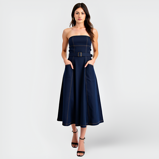 Strapless Denim Midi Dress with Belted Waist, Contrast Stitching and Pockets