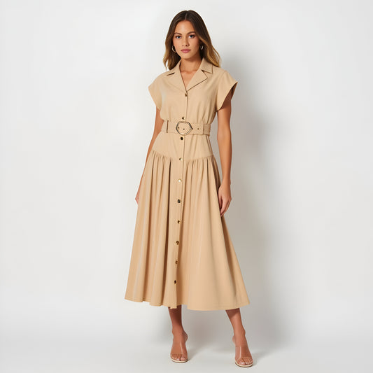 Cap Sleeve Midi Shirt Dress with Button Front, Belted Waist and Collar
