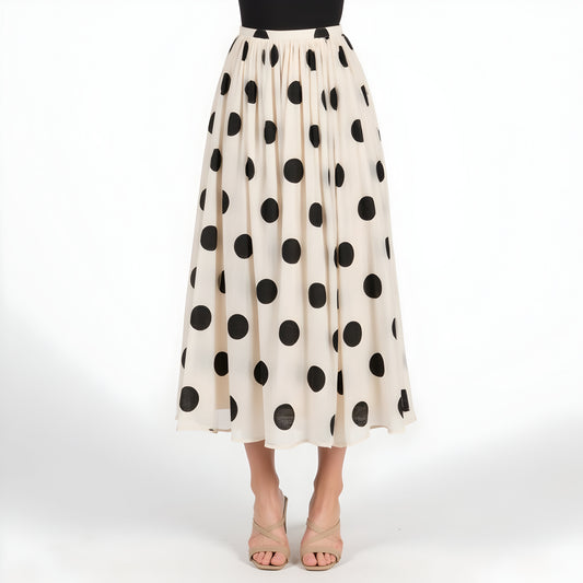 Polka Dot Pleated Midi Skirt with A-Line Silhouette and Fitted Waistband