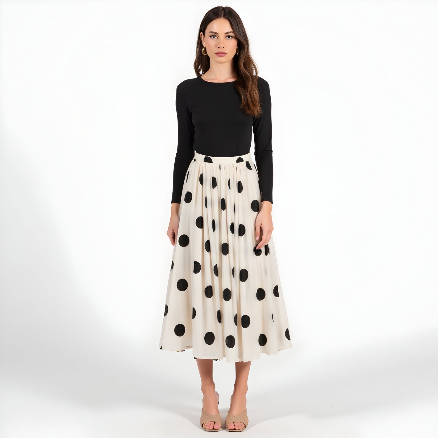 Polka Dot Pleated Midi Skirt with A-Line Silhouette and Fitted Waistband