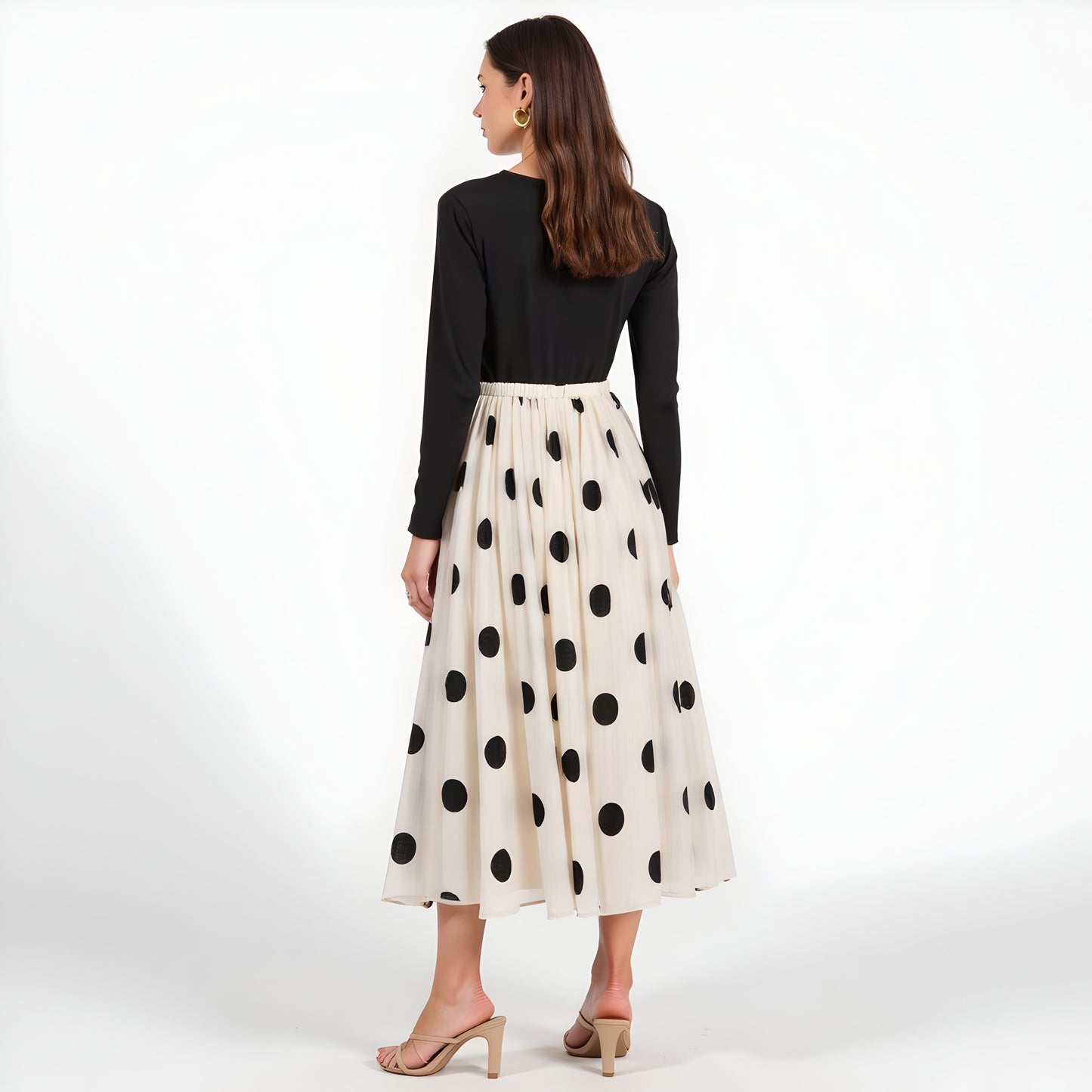 Polka Dot Pleated Midi Skirt with A-Line Silhouette and Fitted Waistband