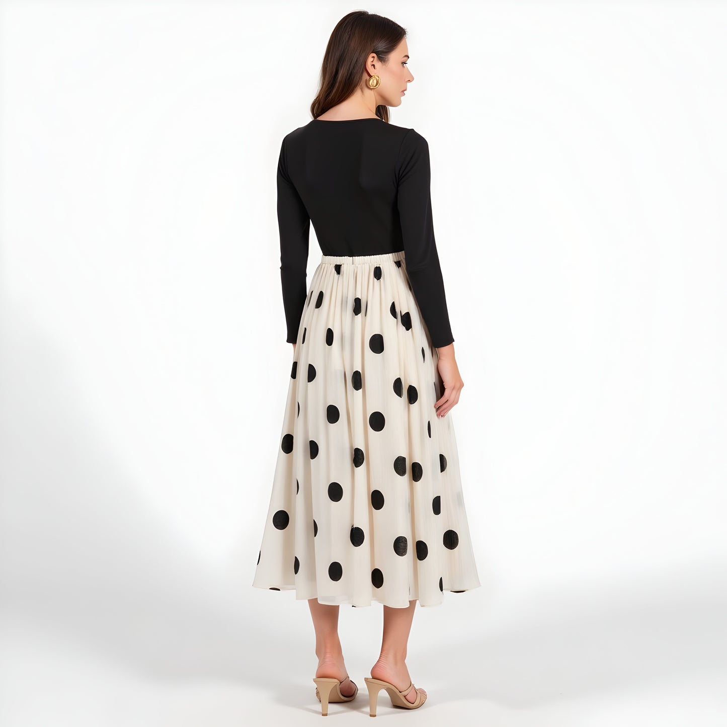 Polka Dot Pleated Midi Skirt with A-Line Silhouette and Fitted Waistband