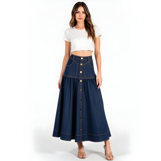 Button Front Denim Maxi Skirt with Contrast Stitching and Flared Hem