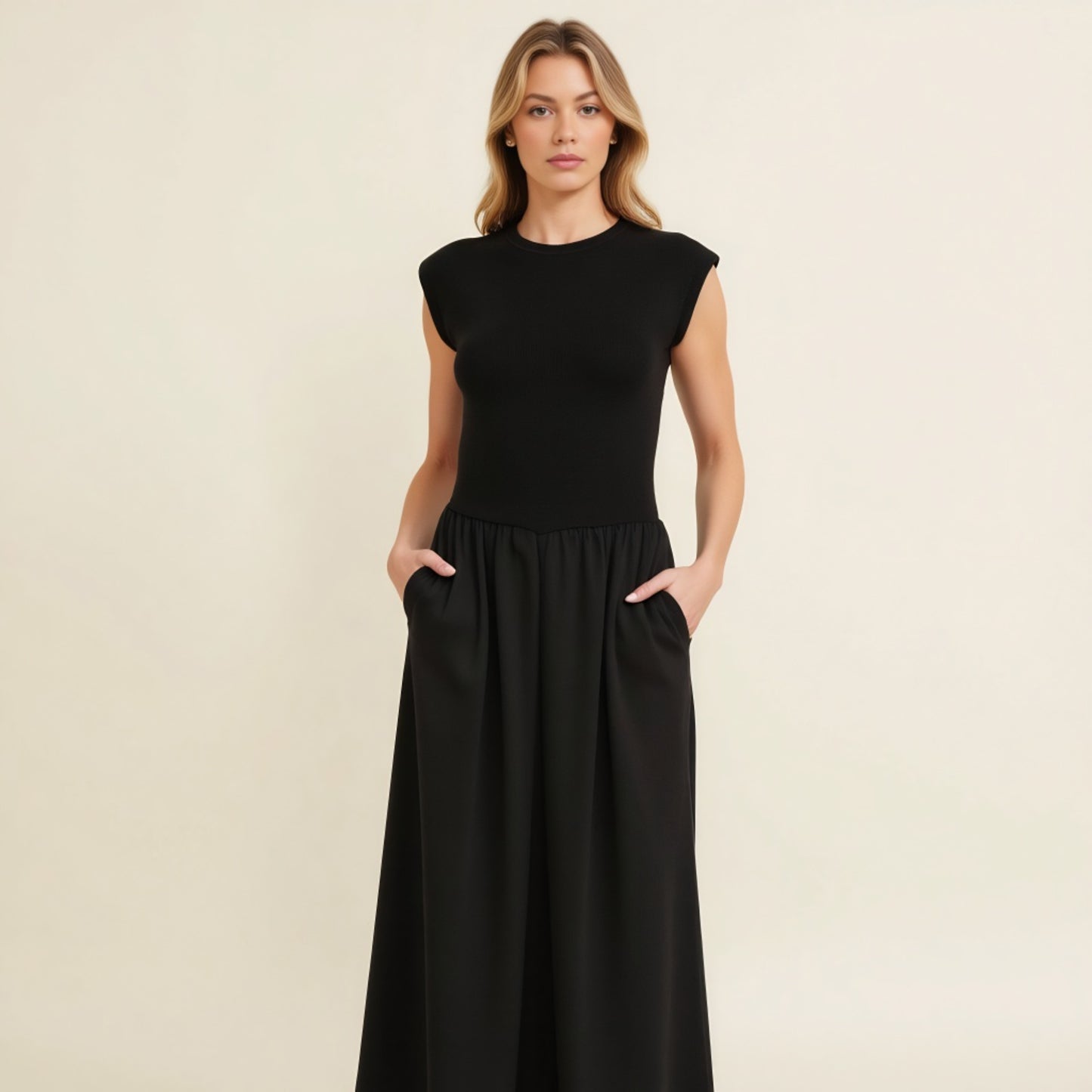 Cap Sleeve Fitted Bodice Dress with Gathered Midi Skirt and Pockets