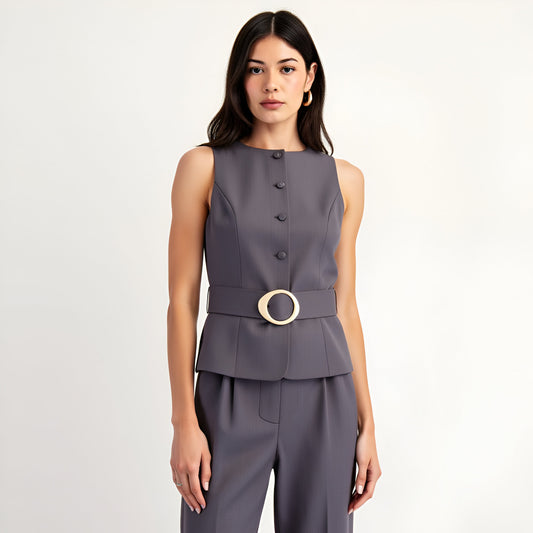 Sleeveless Tailored Top with Covered Buttons and Statement Belt