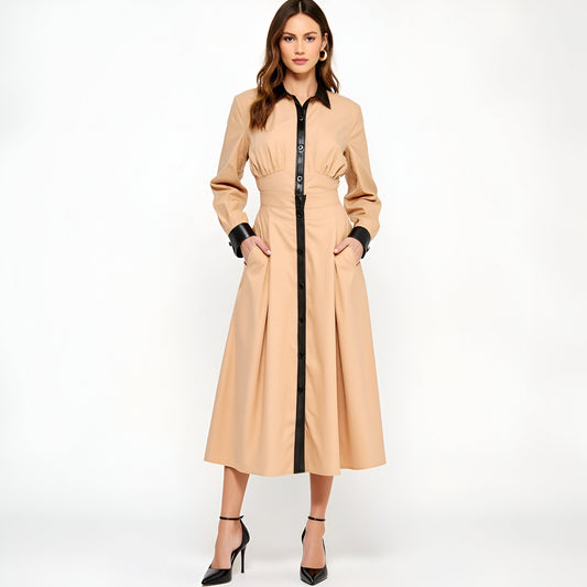 Long Sleeve Midi Shirt Dress with Faux Leather Trim and Side Pockets