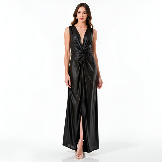 Sleeveless Plunging V-Neck Gown with Front Knot and Slit