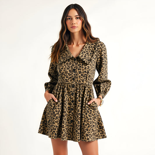 Leopard Print Long Sleeve Mini Dress with Oversized Collar