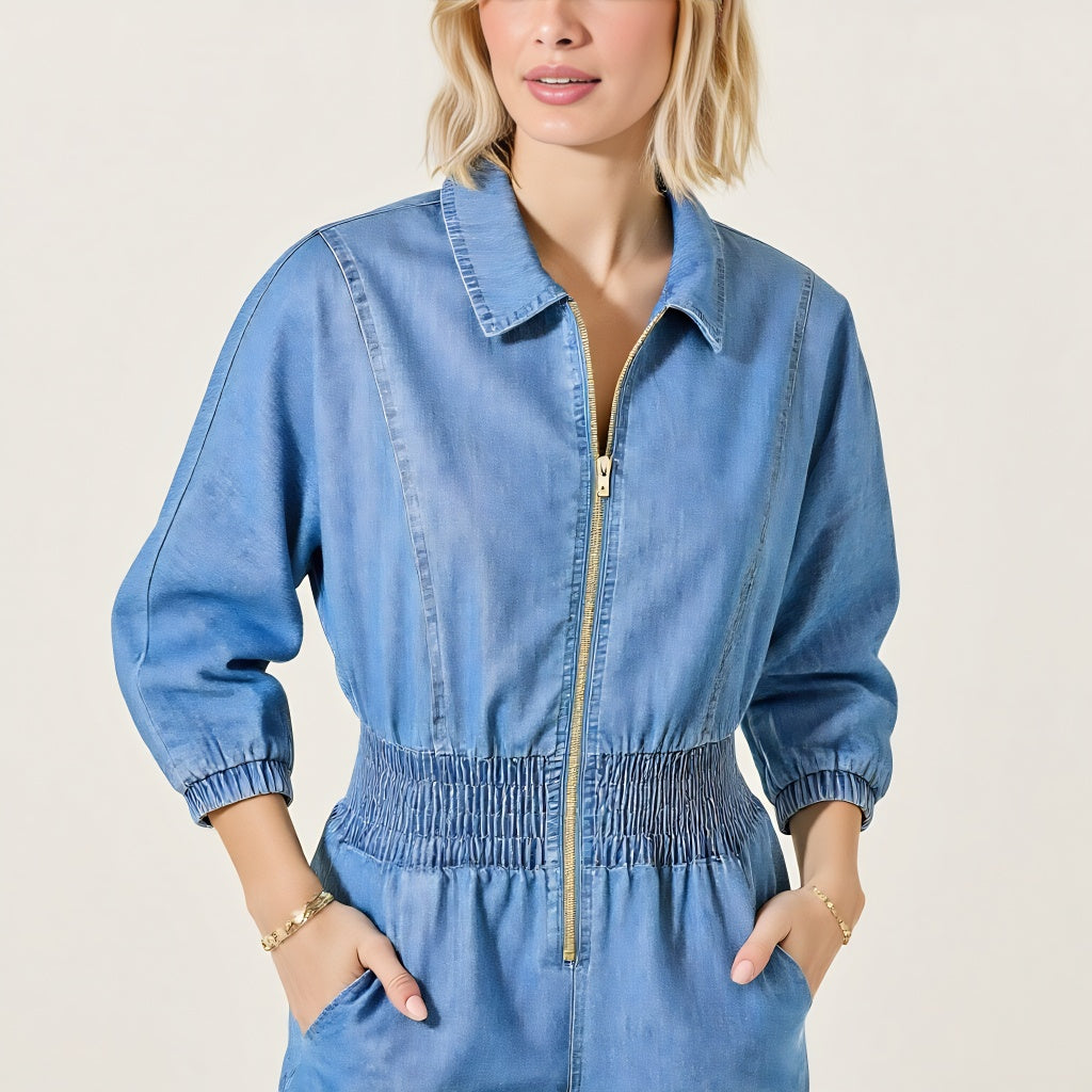 Denim Zip Front Romper with Smocked Waist and 3/4 Sleeves