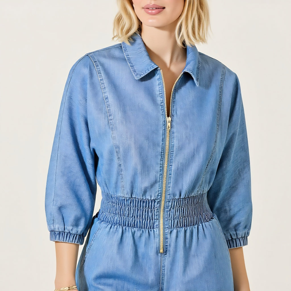 Denim Zip Front Romper with Smocked Waist and 3/4 Sleeves
