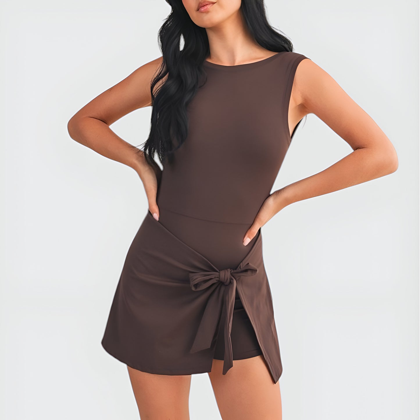 Sleeveless Active Romper with Side Tie Skirt Overlay and Scoop Neckline