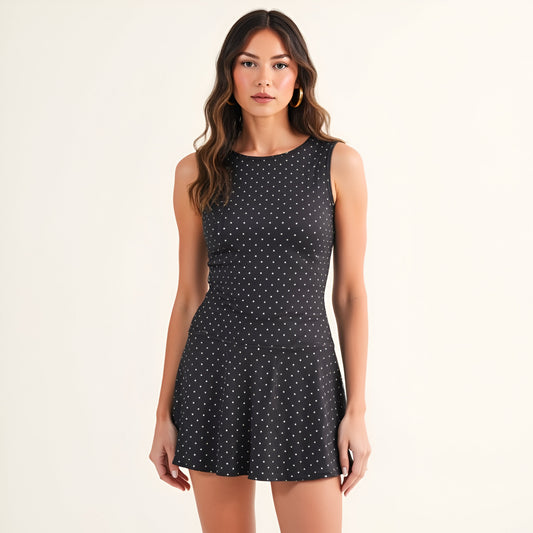 Sleeveless Polka Dot Knit Dress with Drop Waist