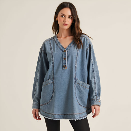 Woven Denim Blouse with V-Neck Placket and Patch Pockets