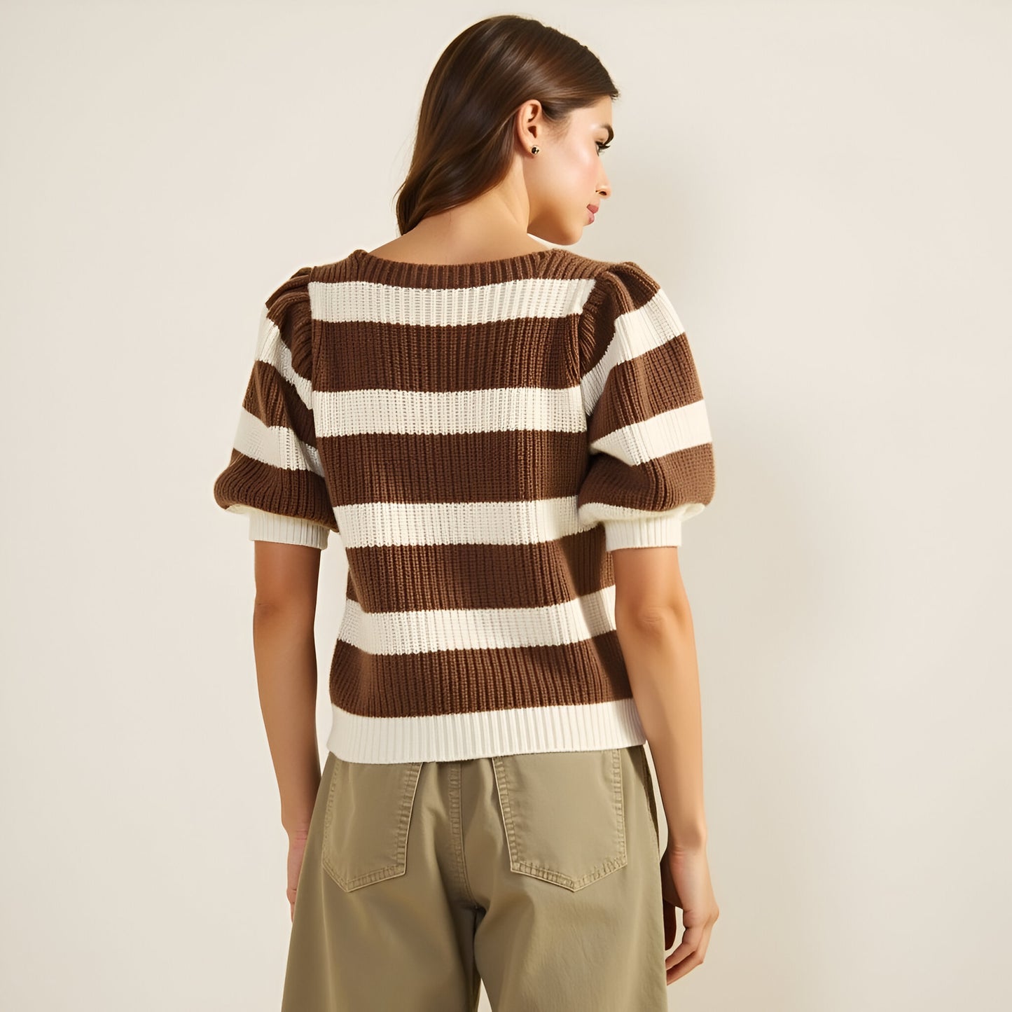 Striped Short Sleeve Sweater with Puff Shoulders and Square Neckline