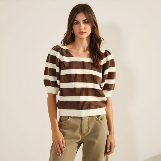 Striped Short Sleeve Sweater with Puff Shoulders and Square Neckline