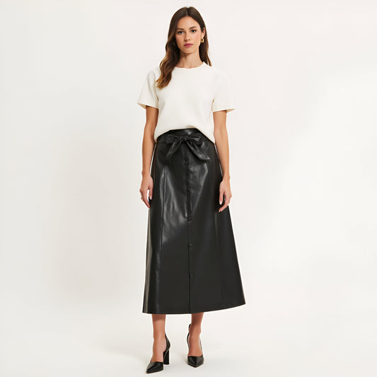 Faux Leather A-Line Midi Skirt with Button Front and Waist Tie Belt