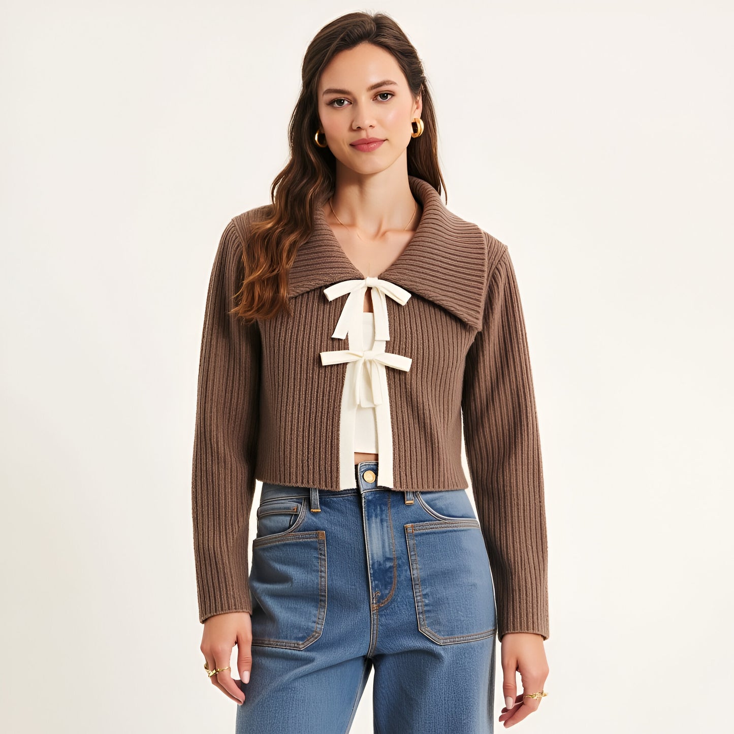 Ribbed Knit Cardigan with Oversized Collar and Cream Tie Front Detail