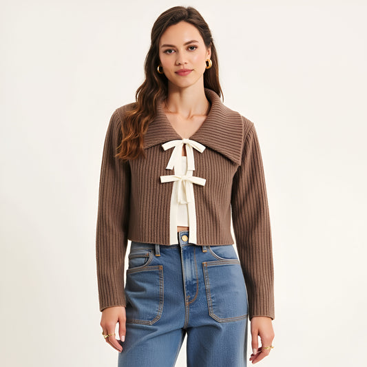 Ribbed Knit Cardigan with Oversized Collar and Cream Tie Front Detail