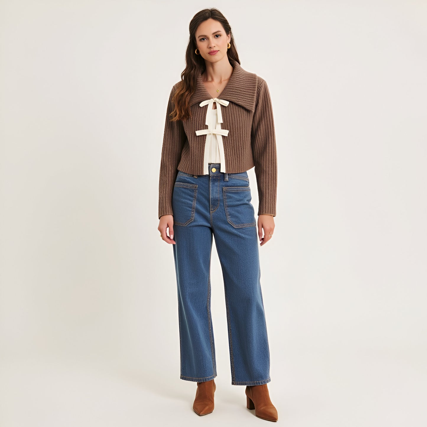 Ribbed Knit Cardigan with Oversized Collar and Cream Tie Front Detail